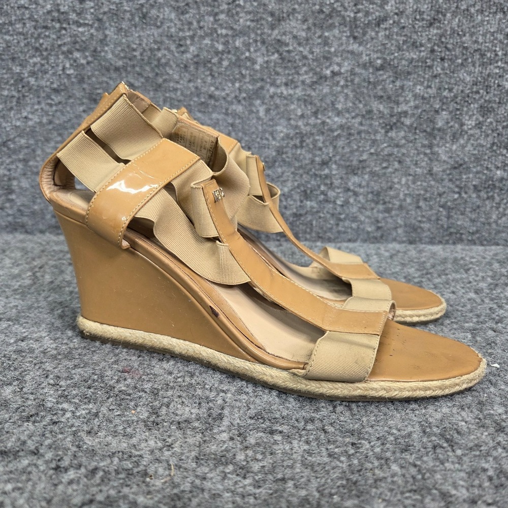Fendi Carioca Tan Patent Leather Espadrille Wedge Sandal Old Money 38.5‎ 8.5